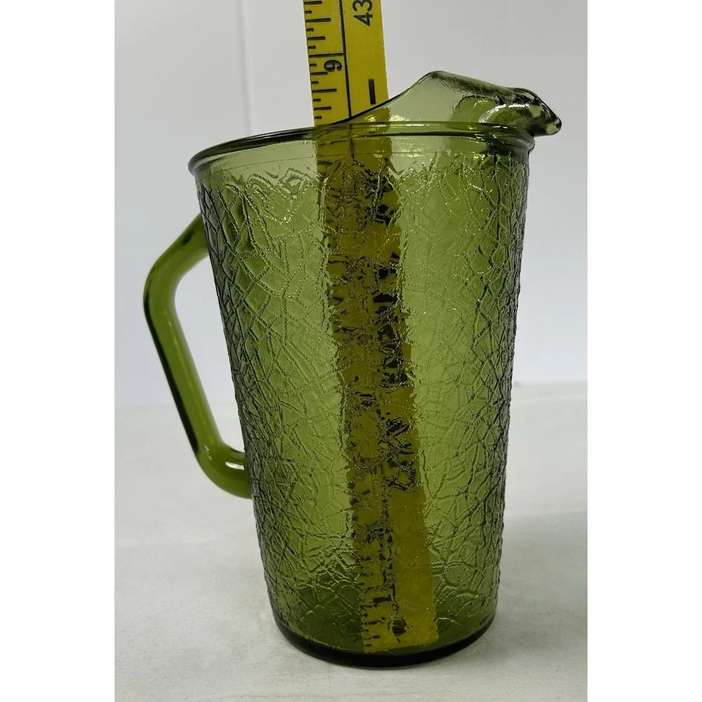 Vintage Anchor Hocking Avocado Green Crackle Glass Ice Lip Pour Pitcher 36 Oz.